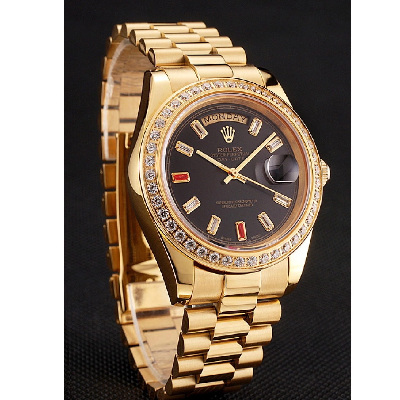 Aaa replica watch 1454101 Bracelet Dial Rolex Diamonds And Black Rubies Gold Swiss Day-Date 0518